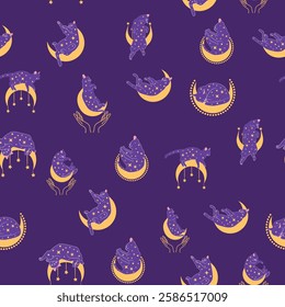 Mystical seamless pattern of cats in boho style, silhouette collection. Witchcraft and magic. Esotericism and mysticism, occultism. Cartoon flat vector illustrations, isolated