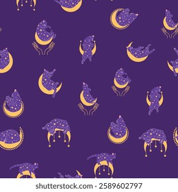 Mystical seamless pattern of cats in boho style, silhouette collection. Witchcraft and magic. Esotericism and mysticism, occultism. Cartoon flat vector illustrations, isolated