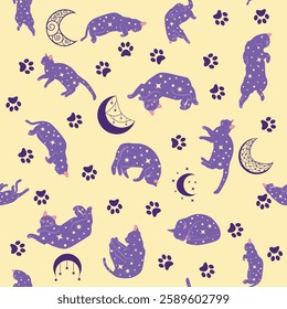 Mystical seamless pattern of cats in boho style, silhouette collection. Esotericism and mysticism, occultism. Cartoon flat vector illustrations, isolated