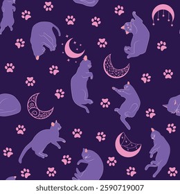 Mystical seamless pattern of cats in boho style, silhouette collection. Esotericism and mysticism, occultism. Cartoon flat vector illustrations, isolated