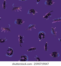 Mystical seamless pattern of cats in boho style, silhouette collection. Witchcraft and magic. Esotericism and mysticism, occultism. Cartoon flat vector illustrations, isolated