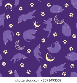 Mystical seamless pattern of cats in boho style, silhouette collection. Esotericism and mysticism, occultism. Cartoon flat vector illustrations, isolated