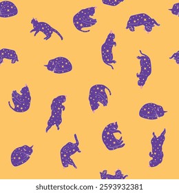 Mystical seamless pattern of cats in boho style, silhouette collection. Witchcraft and magic. Esotericism and mysticism, occultism. Cartoon flat vector illustrations, isolated