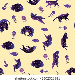 Mystical seamless pattern of cats in boho style, silhouette collection. Esotericism and mysticism, occultism. Cartoon flat vector illustrations, isolated