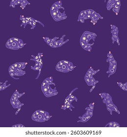 Mystical seamless pattern of cats in boho style, silhouette collection. Witchcraft and magic. Esotericism and mysticism, occultism. Cartoon flat vector illustrations, isolated