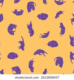 Mystical seamless pattern of cats in boho style, silhouette collection. Witchcraft and magic. Esotericism and mysticism, occultism. Cartoon flat vector illustrations, isolated