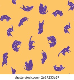 Mystical seamless pattern of cats in boho style, silhouette collection. Witchcraft and magic. Esotericism and mysticism, occultism. Cartoon flat vector illustrations, isolated