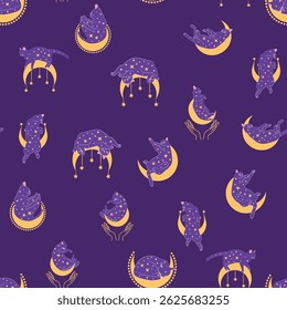 Mystische nahtlose Muster von Katzen im Boho Stil, Silhouette Kollektion. Hexerei und Magie. Esoterik und Mystik, Okkultismus. Cartoon, flache Vektorgrafiken, einzeln