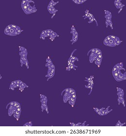 Mystical seamless pattern of cats in boho style, silhouette collection. Witchcraft and magic. Esotericism and mysticism, occultism. Cartoon flat vector illustrations, isolated