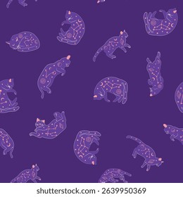 Mystical seamless pattern of cats in boho style, silhouette collection. Witchcraft and magic. Esotericism and mysticism, occultism. Cartoon flat vector illustrations, isolated