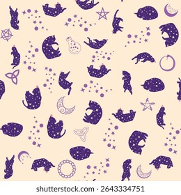 Mystical seamless pattern of cats in boho style, silhouette collection. Esotericism and mysticism, occultism. Cartoon flat vector illustrations, isolated