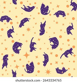 Mystical seamless pattern of cats in boho style, silhouette collection. Esotericism and mysticism, occultism. Cartoon flat vector illustrations, isolated