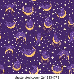 Padrão místico sem emenda de gatos em estilo boho, coleção de silhuetas. Esoterismo e misticismo, ocultismo. Ilustrações em vetor planas em desenhos animados, isoladas