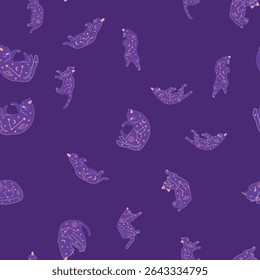 Mystical seamless pattern of cats in boho style, silhouette collection. Witchcraft and magic. Esotericism and mysticism, occultism. Cartoon flat vector illustrations, isolated