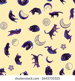 Mystical seamless pattern of cats in boho style, silhouette collection. Esotericism and mysticism, occultism. Cartoon flat vector illustrations, isolated