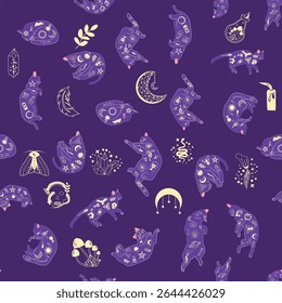 Mystische nahtlose Muster von Katzen im Boho Stil, Silhouette Kollektion. Esoterik und Mystik, Okkultismus. Cartoon, flache Vektorgrafiken, einzeln