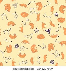 Mystical seamless pattern of cats in boho style, silhouette collection. Esotericism and mysticism, occultism. Cartoon flat vector illustrations, isolated