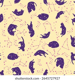 Padrão místico sem emenda de gatos em estilo boho, coleção de silhuetas. Esoterismo e misticismo, ocultismo. Ilustrações em vetor planas em desenhos animados, isoladas