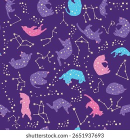 Padrão místico sem emenda de gatos em estilo boho, coleção de silhuetas. Esoterismo e misticismo, ocultismo. Ilustrações em vetor planas em desenhos animados, isoladas