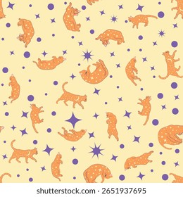 Padrão místico sem emenda de gatos em estilo boho, coleção de silhuetas. Esoterismo e misticismo, ocultismo. Ilustrações em vetor planas em desenhos animados, isoladas