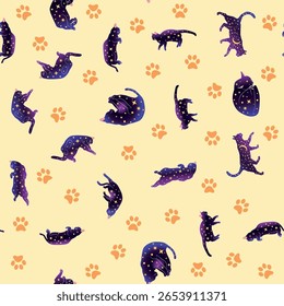 Mystical seamless pattern of cats in boho style, silhouette collection. Esotericism and mysticism, occultism. Cartoon flat vector illustrations, isolated