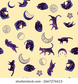 Patrón místico sin fisuras de gatos en estilo boho, colección de silueta. Esoterismo y misticismo, ocultismo. Ilustraciones vectoriales planas de la historieta, aisladas