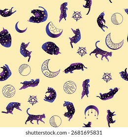 Padrão místico sem emenda de gatos em estilo boho, coleção de silhuetas. Esoterismo e misticismo, ocultismo. Ilustrações em vetor planas em desenhos animados, isoladas