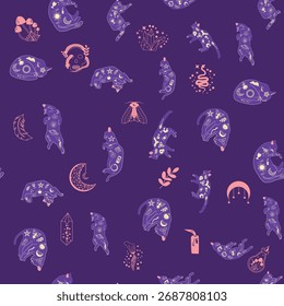 Mystical seamless pattern of cats in boho style, silhouette collection. Esotericism and mysticism, occultism. Cartoon flat vector illustrations, isolated