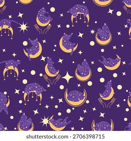 Padrão místico sem emenda de gatos em estilo boho, coleção de silhuetas. Esoterismo e misticismo, ocultismo. Ilustrações em vetor planas em desenhos animados, isoladas