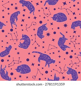 Mystical seamless pattern of cats in boho style, silhouette collection. Esotericism and mysticism, occultism. Cartoon flat vector illustrations, isolated
