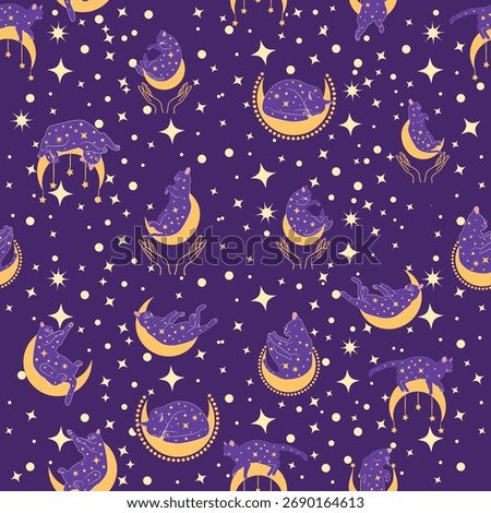 Mystical seamless pattern of cats in boho style, silhouette collection. Esotericism and mysticism, occultism. Cartoon flat vector illustrations, isolated