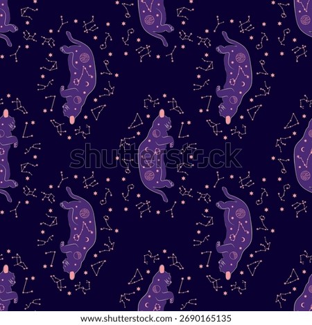 Mystical seamless pattern of cats in boho style, silhouette collection. Esotericism and mysticism, occultism. Cartoon flat vector illustrations, isolated