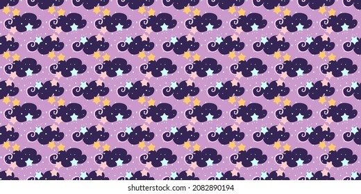 Mystical seamless pattern with clouds and stars.Magic astrology and the starry sky. Vector illustration for children's textiles