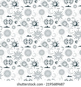 Mystical seamless pattern with esoteric symbols: sun, moon, clouds, stars and planets. Hand drawn vector illustration for textile, background, texture, wrapping paper, witchcraft and magic shops.