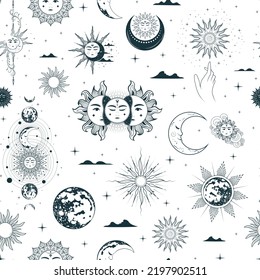 Mystical seamless pattern with esoteric symbols: sun, moon, clouds, stars and planets. Hand drawn vector illustration for textile, background, texture, wrapping paper, witchcraft and magic shops.