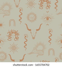 Mystical Seamless pattern with eyes, skull, leopard, Gorgon hand and snake mythical creature, esoteric and boho objects. Editable Vector Illustration