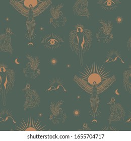 Mystical Seamless pattern with eyes, sun, phoenix, angel and griffin mythical creature, esoteric and boho objects. Editable Vector Illustration