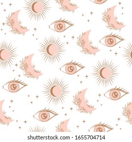 Mystical Seamless pattern with eyes, sunand moon, esoteric and boho objects. Editable Vector Illustration