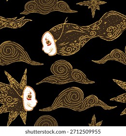 Un patrón místico sin fisuras con criaturas fantásticas, máscaras, nubes y estrellas. El arte de la línea dorada sobre un fondo negro evoca la magia oscura y el surrealismo de cuento de hadas.