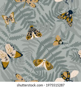 Mystical seamless pattern with fern and insects, bugs, bee, butterfly, moth. Editable vector illustration.