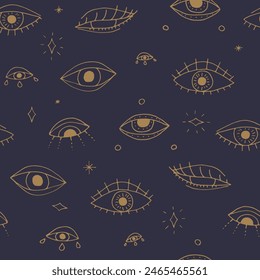 Mystical seamless pattern with golden all seeing eyes on blue background. Magic repeat wallpaper. Spiritual texture.