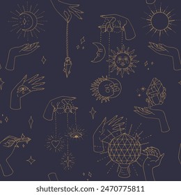 Mystical seamless pattern with golden crystals on blue background. Magic repeat wallpaper. Spiritual texture.