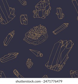 Mystical seamless pattern with golden crystals on blue background. Magic repeat wallpaper. Spiritual texture.