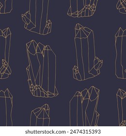 Mystical seamless pattern with golden crystals on blue background. Magic repeat wallpaper. Spiritual texture.