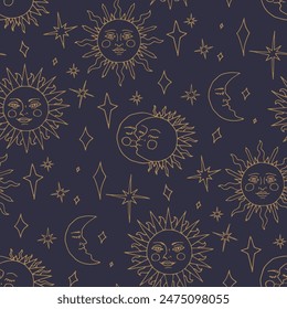 Mystical seamless pattern with golden sun and moon on blue background. Celestial repeat wallpaper. Spiritual texture.