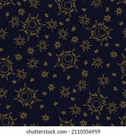 Mystical seamless pattern with the image of the sun and stars on a dark background. A magical sky with stars and the sun.