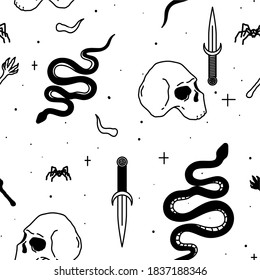 Mystical seamless pattern. Magic elements for rituals, skull, snake, spider, knife, paw, stars. Vector illustration isolated on white background