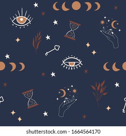 Mystical Seamless pattern with Moon phases, eyes, stars and botanical elements.