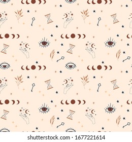 Mystical Seamless pattern with Moon phases, evil eyes, stars and botanical elements. Magical, witchcraft symbols. Neutral Beige Background.