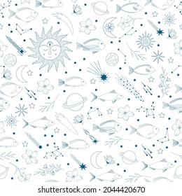 Mystical seamless pattern with moon, star, fish, flower, plant, sun, constellation. Vector fancy illustration.